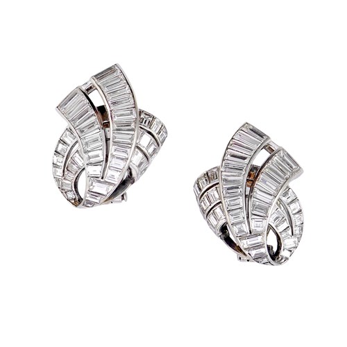 Pair of baguette diamond looped double line earrings by Chaumet, Paris,